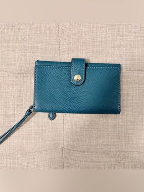 Coach Teal Blue Pebbled Leather Card Wallet Wristlet